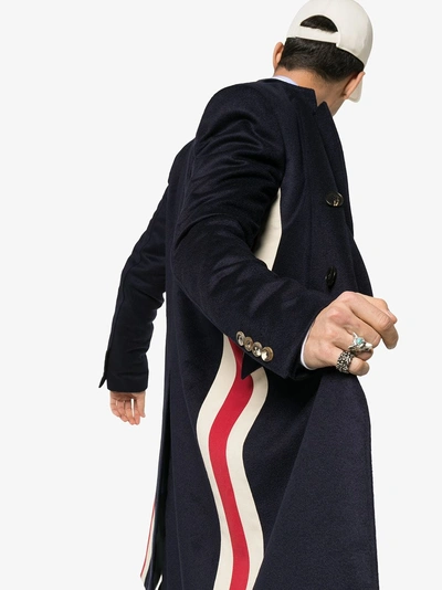 Shop Gucci Eco Cashmere Web Stripe Coat In Blue