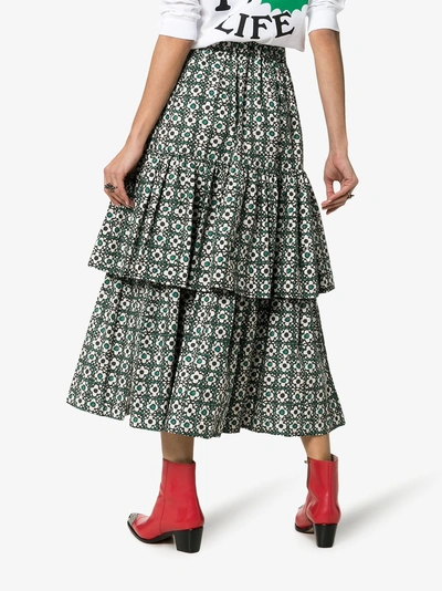 Shop Golden Goose Deluxe Brand Miranda Floral Check Tiered Midi Skirt In Green/black Flowers