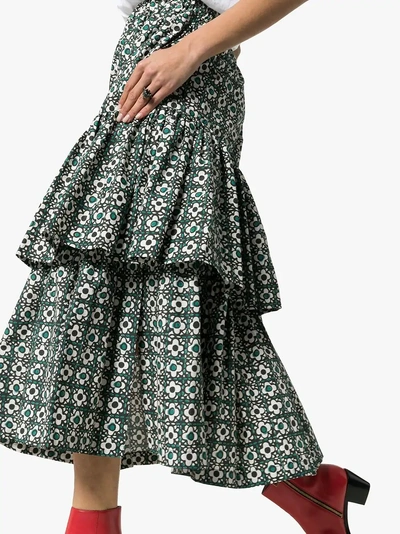 Shop Golden Goose Deluxe Brand Miranda Floral Check Tiered Midi Skirt In Green/black Flowers