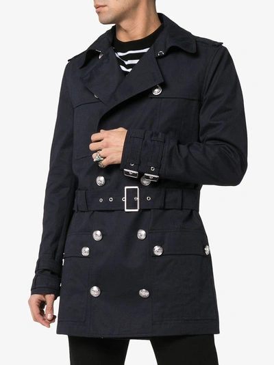 Shop Balmain Buckled Short Trench Coat In 6ub Blue