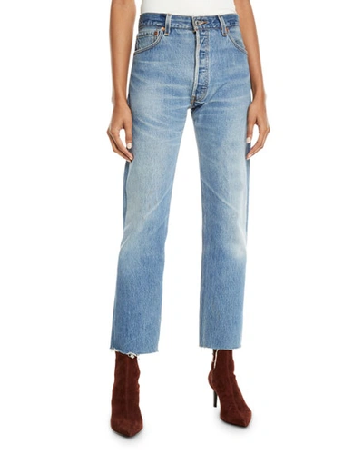 Shop Re/done High-rise Whiskered Stovepipe Jeans With Raw-edge Hem In Indigo
