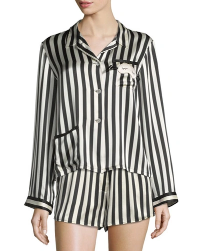 Shop Morgan Lane Ruthie Long-sleeve Striped Silk Pajama Top In Multi Pattern