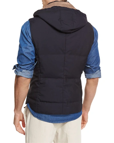 Shop Brunello Cucinelli Men's Hooded Microfiber Snap Vest In Navy