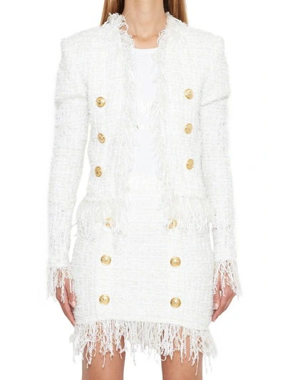 Shop Balmain Cropped Tweed Fitted Jacket In White