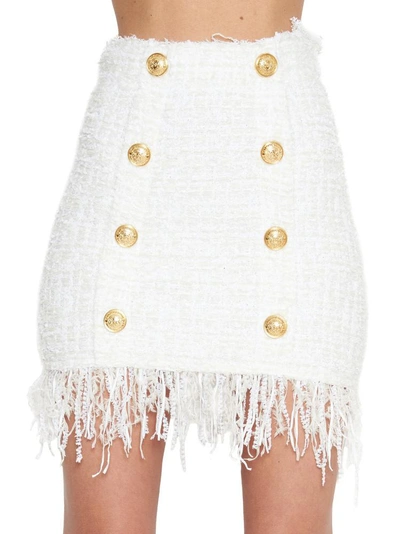 Shop Balmain Fringe Button Skirt In White