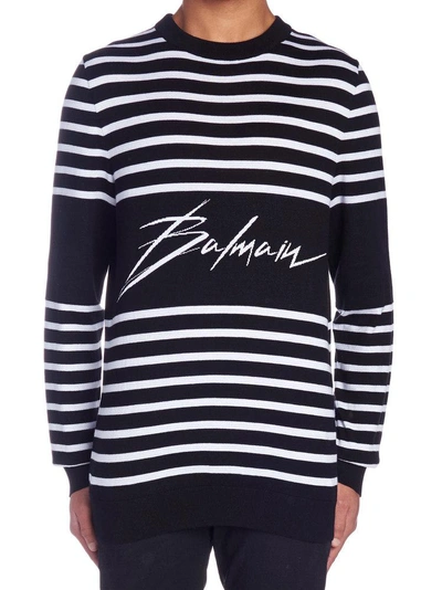 Shop Balmain Logo Striped Crew Neck Sweater In Multi