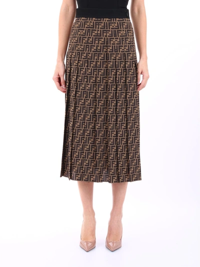 Shop Fendi Ff Logo Midi Skirt In Brown