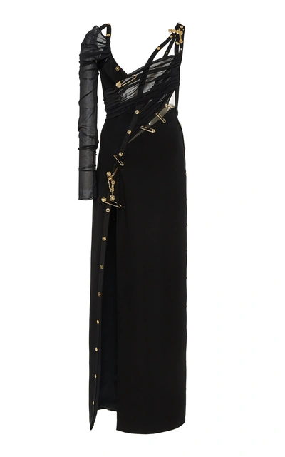 Shop Versace Studded Chiffon Slit Dress In Black