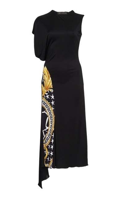 Shop Versace Knee-length Satin Slit Dress In Black