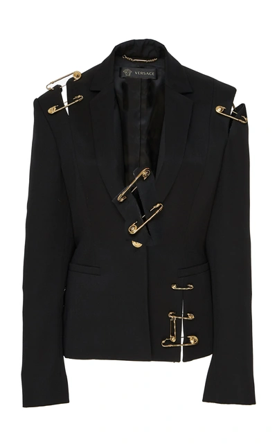 Shop Versace Safety Pin Wool Blazer In Black