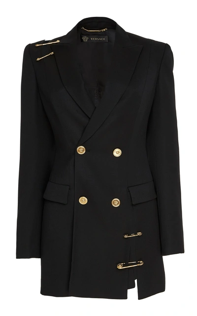 Shop Versace Embellished Double-breasted Wool Blazer In Black