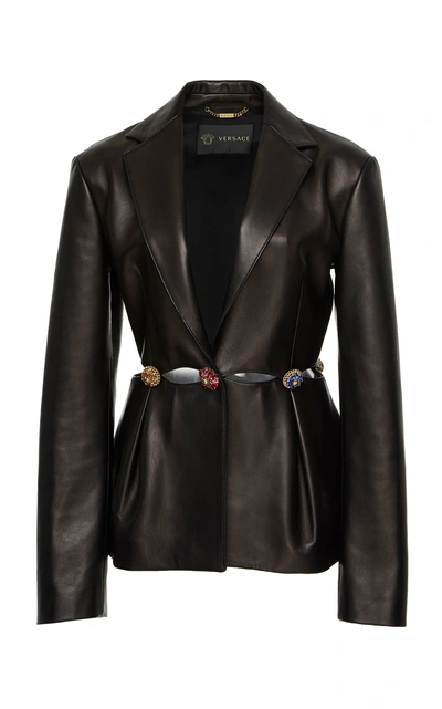 Shop Versace Embellished Leather Blazer Jacket In Black
