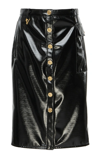 Shop Versace Button Front Vinyl Knee-length Skirt In Black