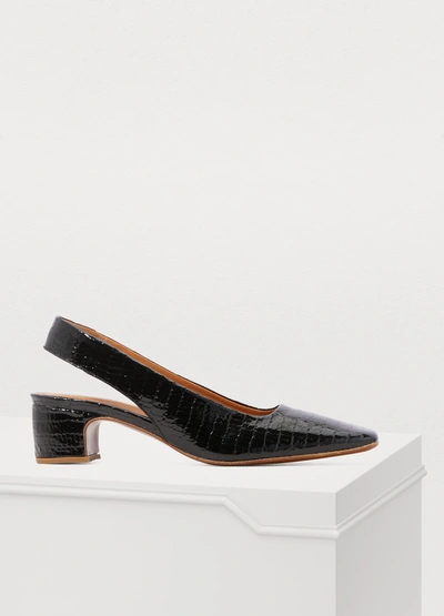 Shop By Far Danielle Lizard Embossed Leather Slingbacks In Black