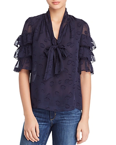 Shop Rebecca Taylor Embroidered Tie-neck Top In Navy