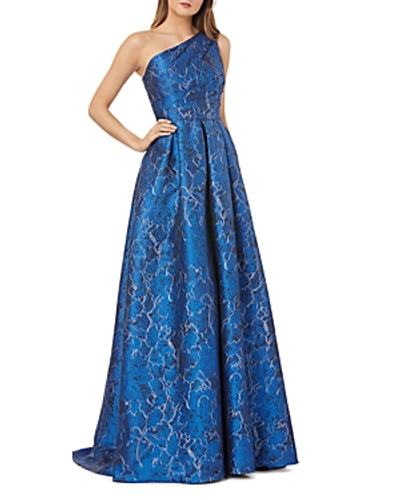 Shop Carmen Marc Valvo Infusion One-shoulder Pleated Floral Gown In Sapphire