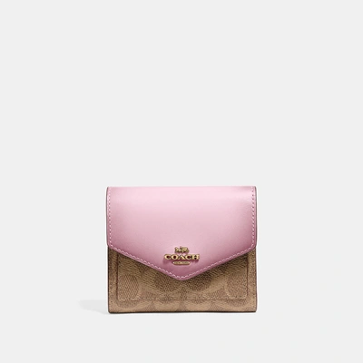 Shop Coach Small Wallet In Colorblock Signature Canvas - Women's In Tan/blossom/brass
