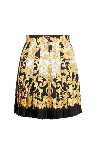 Shop Versace Gold Hibiscus-print Pleated Silk Mini Skirt In Unico