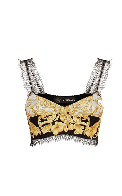 Shop Versace Gold Hibiscus-print Lace And Silk Bralette Top In Unico