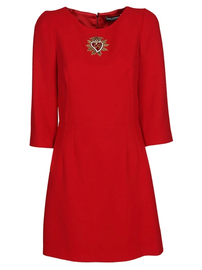 Shop Dolce & Gabbana Heart Embellished Crepe Dress In Red