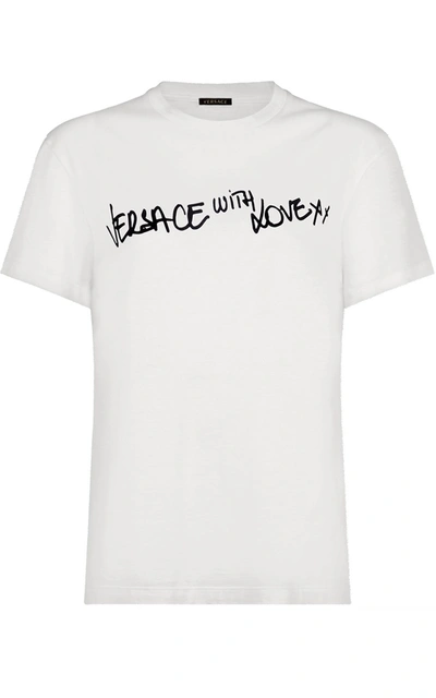 Shop Versace ' With Love' Cotton-jersey T-shirt In Bianco