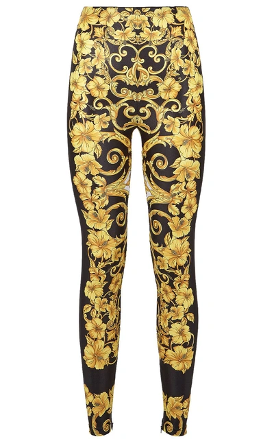 Shop Versace Gold Hibiscus-print Lycra Leggings In Unico