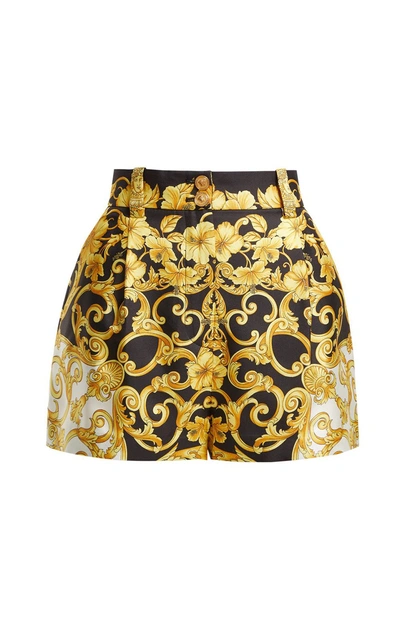 Shop Versace Gold Hibiscus Silk Shorts In Unico