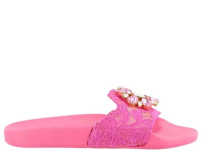 Shop Dolce & Gabbana Slide Sandals With Rainbow Lace In Fuchsia