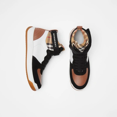 Shop Burberry Leather And Suede High-top Sneakers In Camel