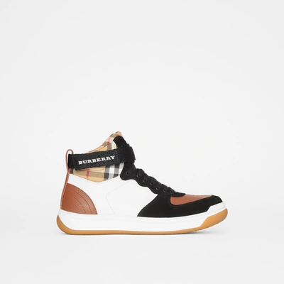 Shop Burberry Leather And Suede High-top Sneakers In Camel
