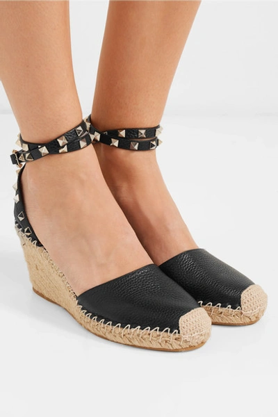 Shop Valentino Rockstud Double 85 Textured-leather Wedge Espadrilles In Black