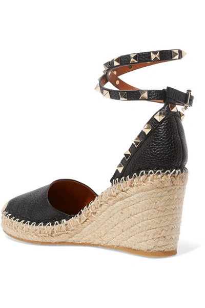 Shop Valentino Rockstud Double 85 Textured-leather Wedge Espadrilles In Black