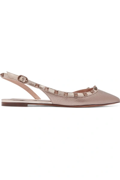 Shop Valentino Garavani The Rockstud Metallic Textured-leather Slingback Flats In Gold