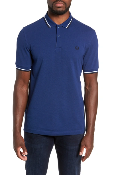 Shop Fred Perry Twin Tipped Extra Slim Fit Pique Polo In Medieval Blue / White / Black