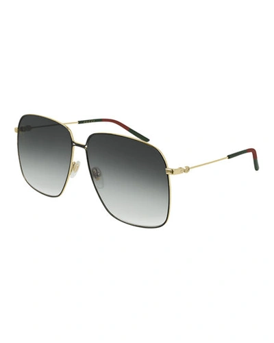 Shop Gucci Square Metal Sunglasses W/ Web Ear Tips In Gray/green/red