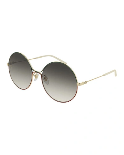 Shop Gucci Metal Web-front Round Sunglasses In Gold/green/red