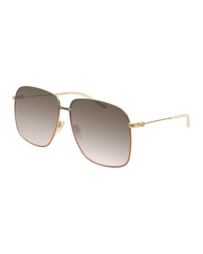 Shop Gucci Square Metal Sunglasses W/ Web Ear Tips In Brown/green/red