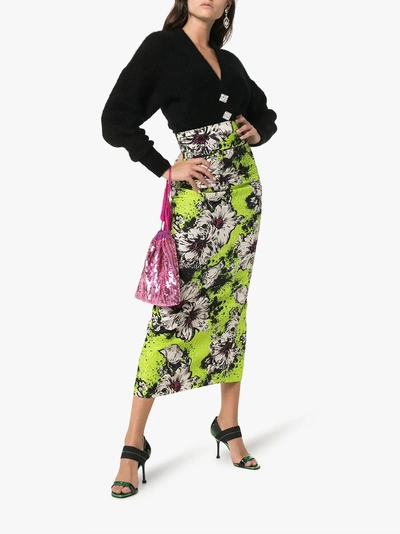 Shop Miu Miu Floral Printed And Textured Silk-blend Midi Skirt In Green