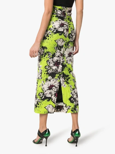 Shop Miu Miu Floral Printed And Textured Silk-blend Midi Skirt In Green