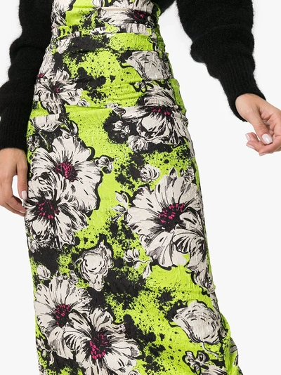 Shop Miu Miu Floral Printed And Textured Silk-blend Midi Skirt In Green