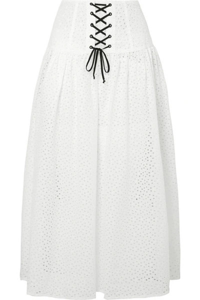Shop Marysia Riviera Lace-up Broderie Anglaise Cotton Midi Skirt In White