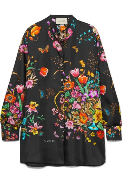 Shop Gucci Oversized Floral-print Silk-twill Shirt In Black