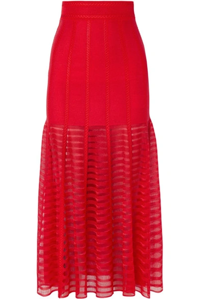Shop Alexander Mcqueen Paneled Lace And Open-knit Midi Skirt In Red