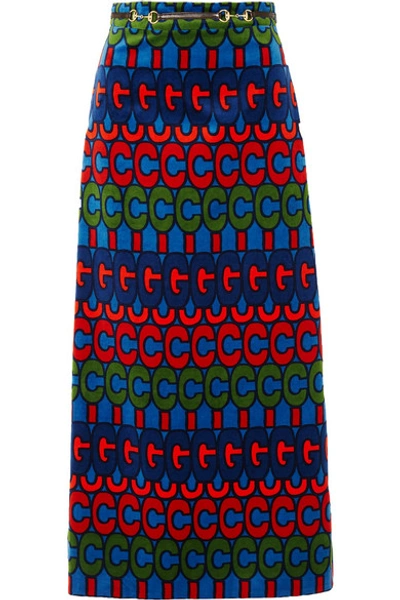 Shop Gucci Horsebit-detailed Printed Velvet Skirt In Blue