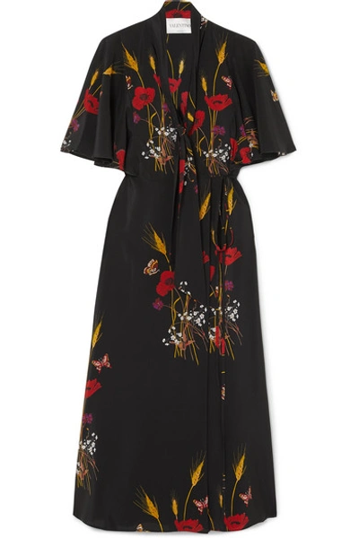Shop Valentino Tie-neck Floral-print Silk-jersey Wrap Dress In Black