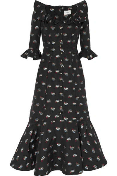 Shop Erdem Opaline Ruffled Embroidered Cotton-blend Midi Dress In Black
