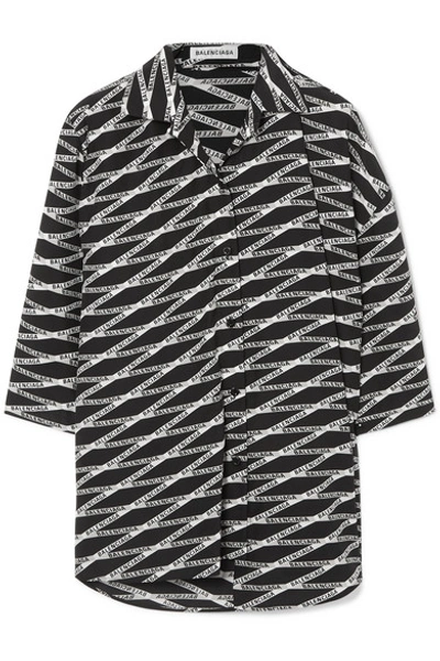 Shop Balenciaga Oversized Asymmetric Printed Silk-crepe Shirt In Black