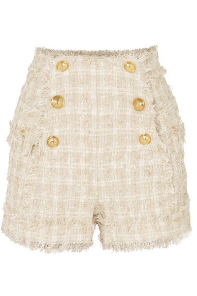 Shop Balmain Button-embellished Tweed Shorts In Beige