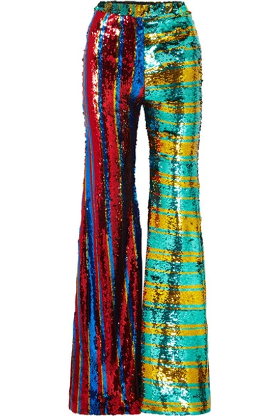 Shop Halpern Striped Sequined Tulle Wide-leg Pants In Turquoise