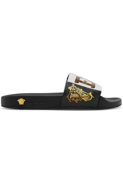 Shop Versace Printed Rubber And Leather Slides In Black
